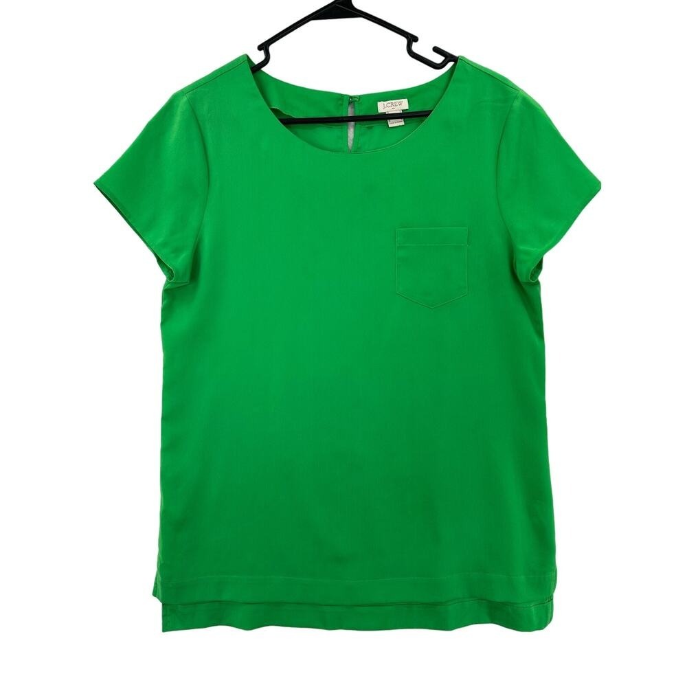 J.Crew Short Sleeve Blouse Women S Green Excellent Pocket Keyhole 09436